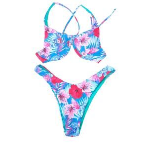 Shein Bikini Small Floral Bright Cheeky Brazilian Bottoms Bathing Suit 2 Piece